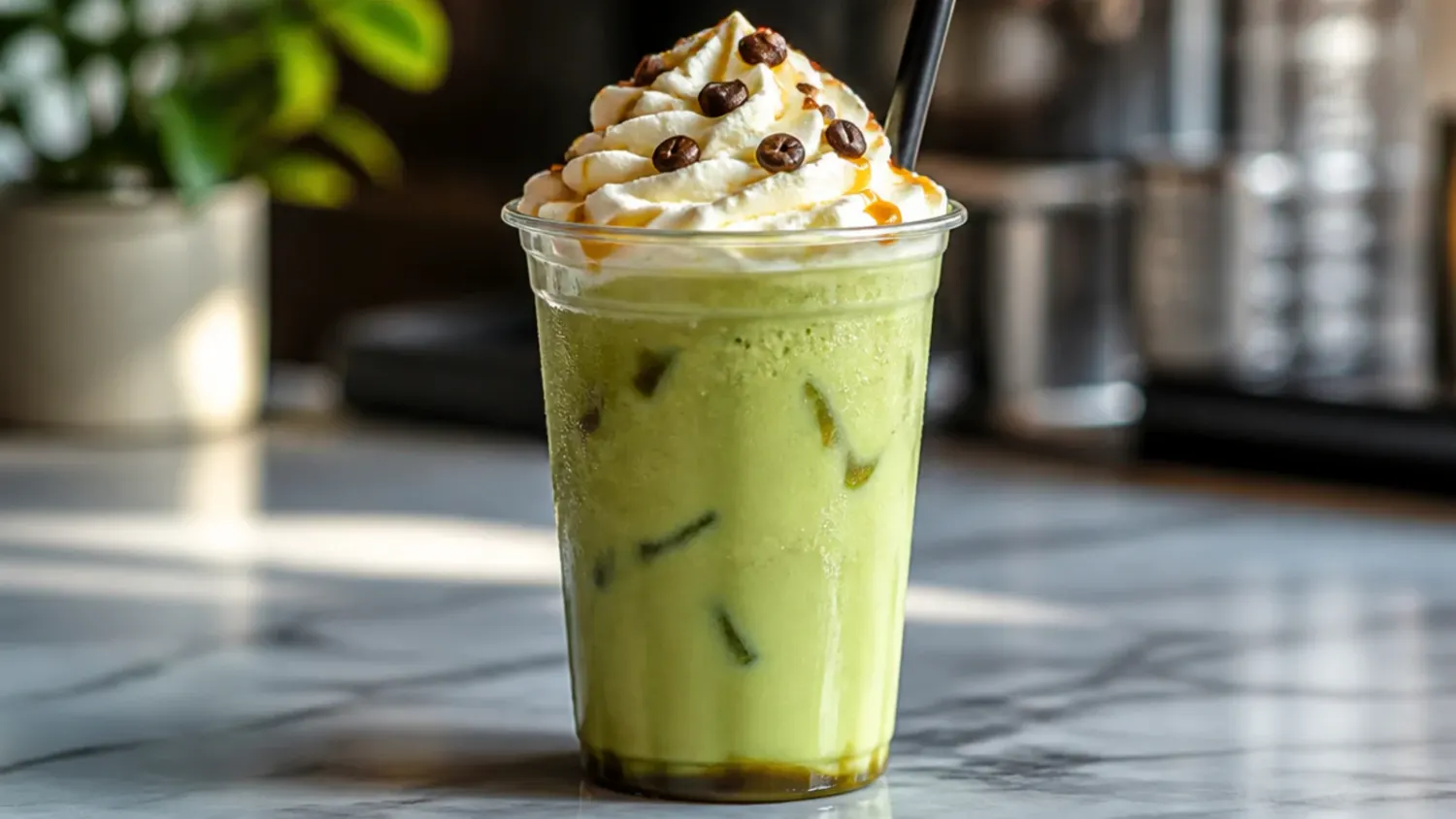 A tall glass of iced 7 Brew-style matcha latte with swirled cold foam on top, surrounded by matcha powder and a bamboo whisk