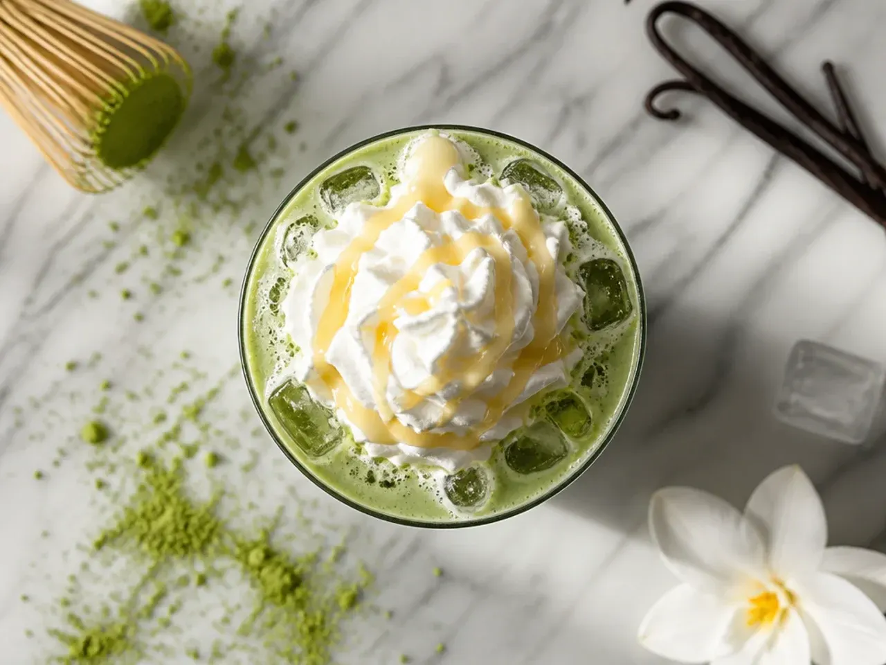 Iced vanilla matcha latte in a clear glass with visible marbled green and white layers