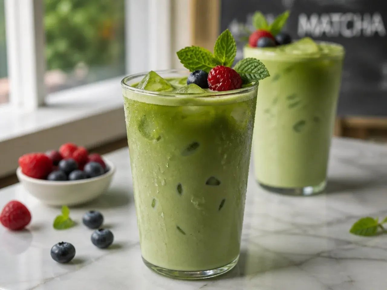 Close-up of a classic matcha latte being whisked in a small bowl with a bamboo whisk