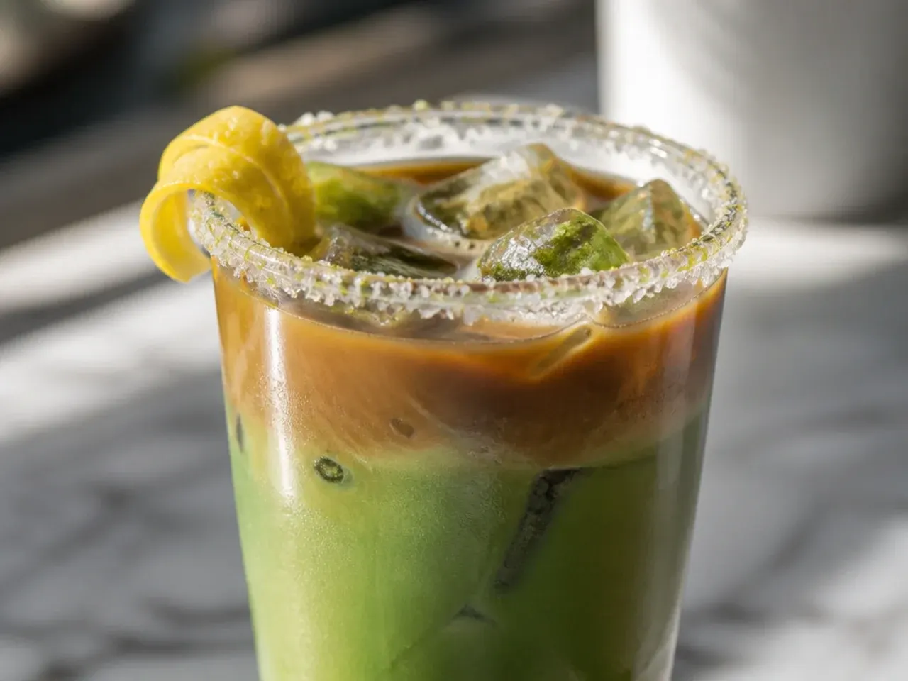 Layered dirty matcha drink showing dark espresso at the bottom and green matcha milk on top