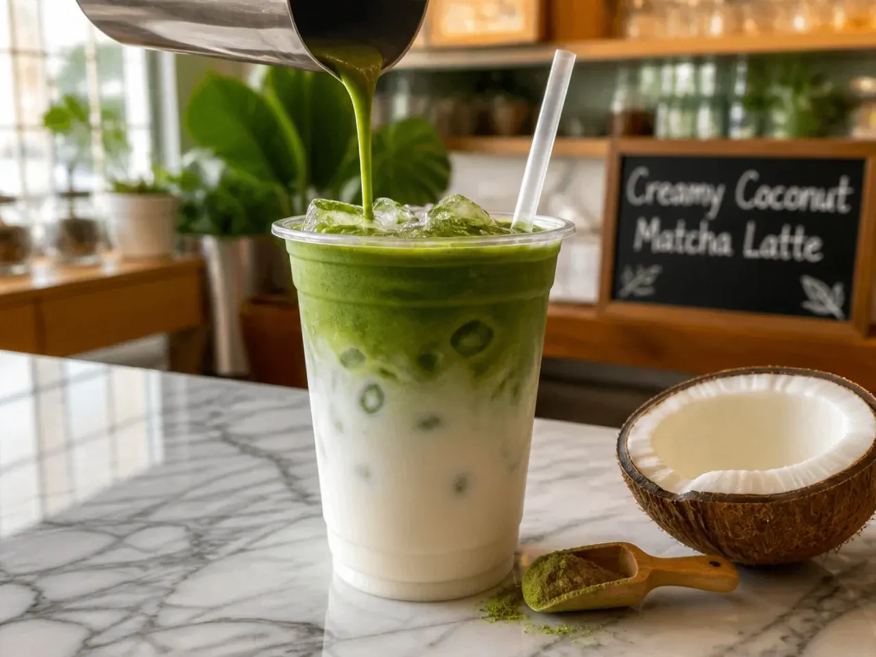 Creamy coconut matcha latte in a glass with coconut flakes sprinkled on top