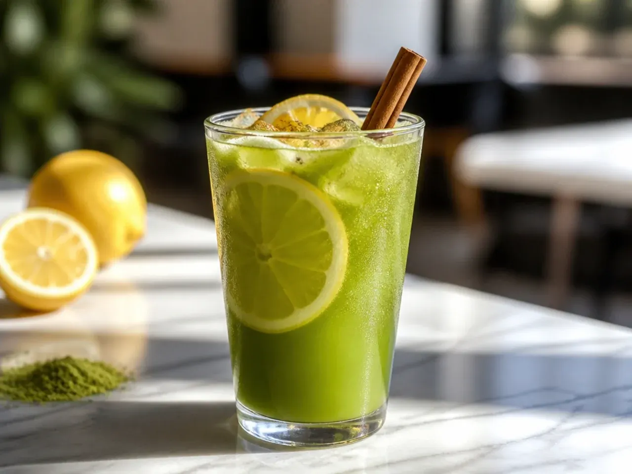 Refreshing matcha lemonade in a tall glass with a lemon wheel and mint garnish