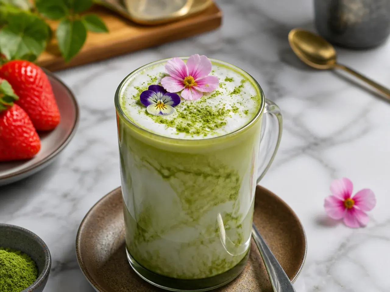 Steaming mug of hot matcha latte with a light foam top on a cold morning table setting