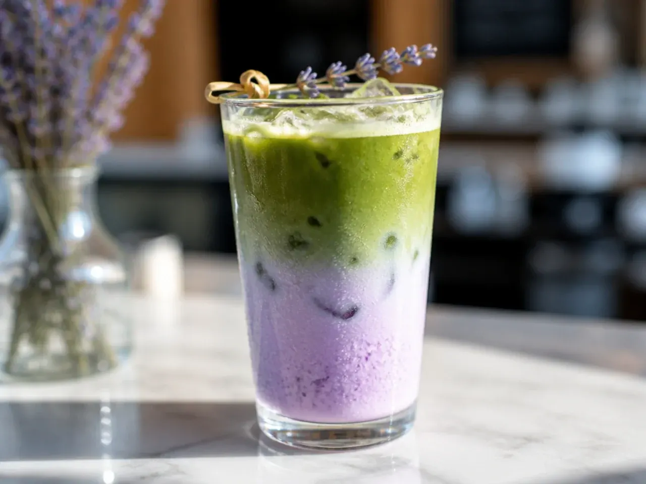 Pale purple-tinted iced lavender matcha latte garnished with a few dried lavender buds