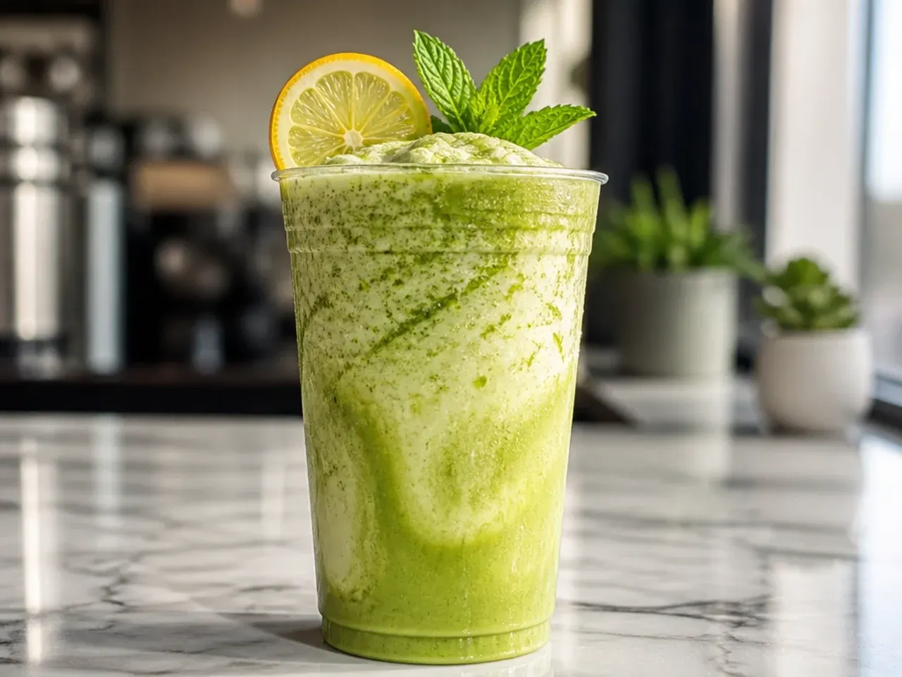 Thick frozen matcha blondie drink in a glass with a wide straw and whipped cream on top