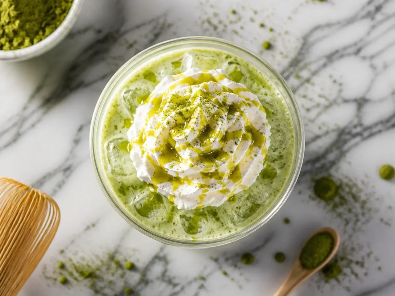 Simple three-ingredient iced matcha milk in a glass jar with a striped straw