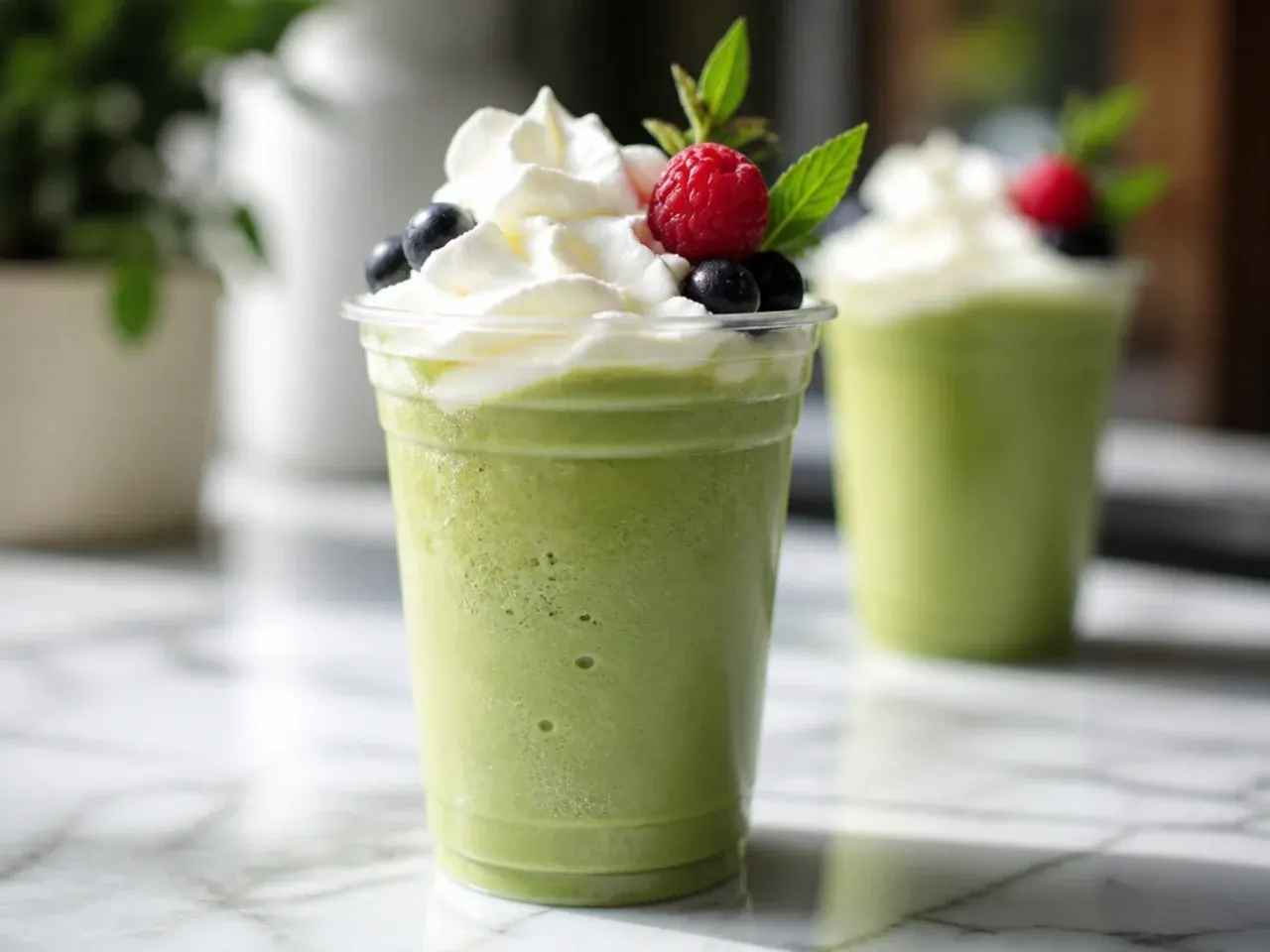 Blended matcha cream frappe topped with whipped cream and a light green drizzle