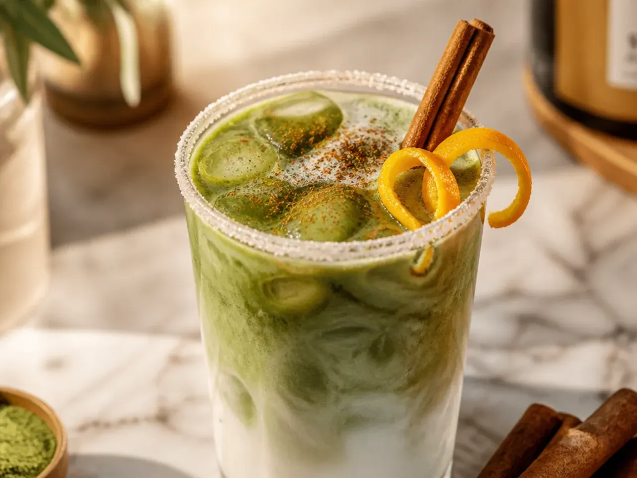Spiced cinnamon matcha latte dusted with cinnamon powder on a wooden table