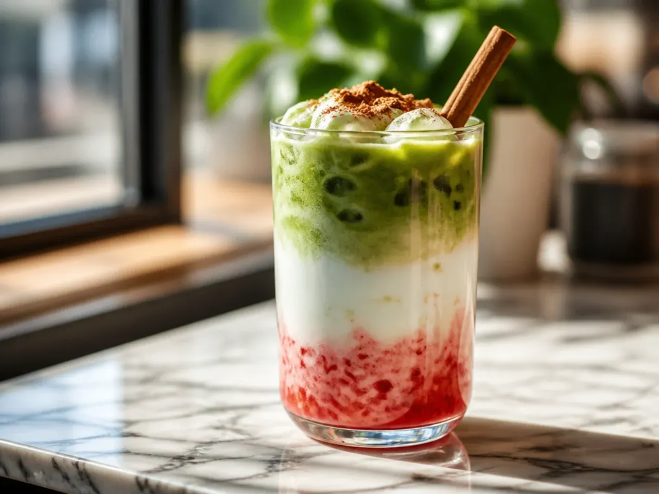 Layered strawberry matcha latte with distinct pink, white and green bands in a tall glass