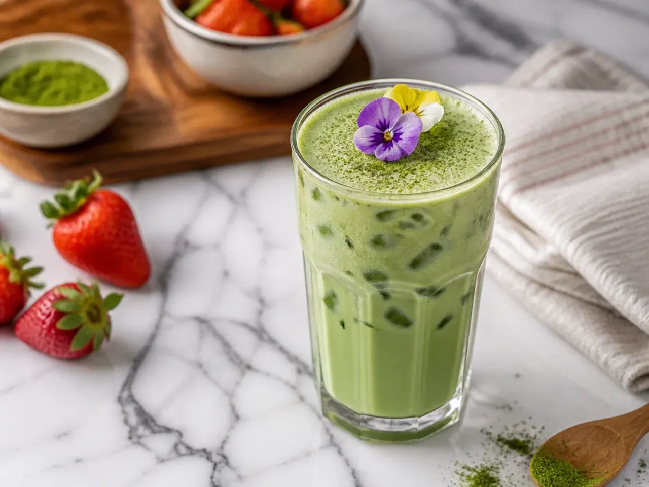 Bold double-shot matcha latte showing a deep, vivid green colour in a glass with ice