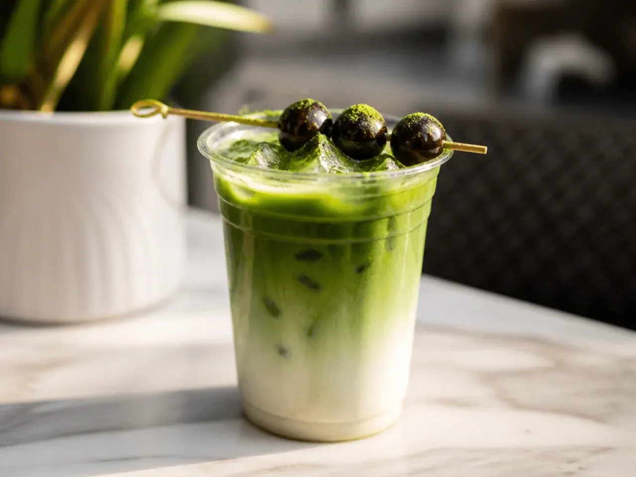 Smooth oat milk matcha latte with a thick layer of foam on top in a glass mug