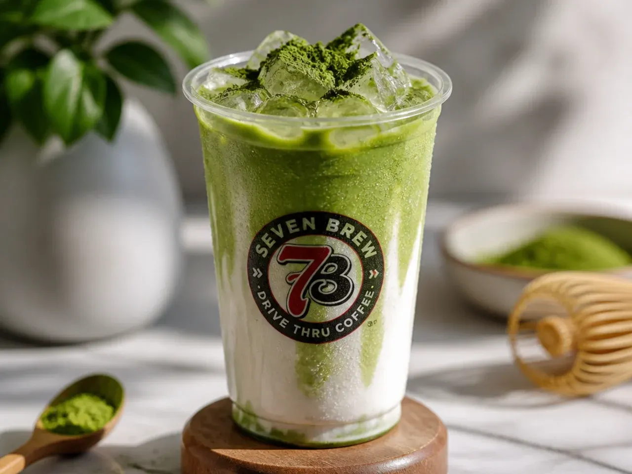 Overhead flat lay of several garnished matcha drinks with straws, cinnamon sticks and berries