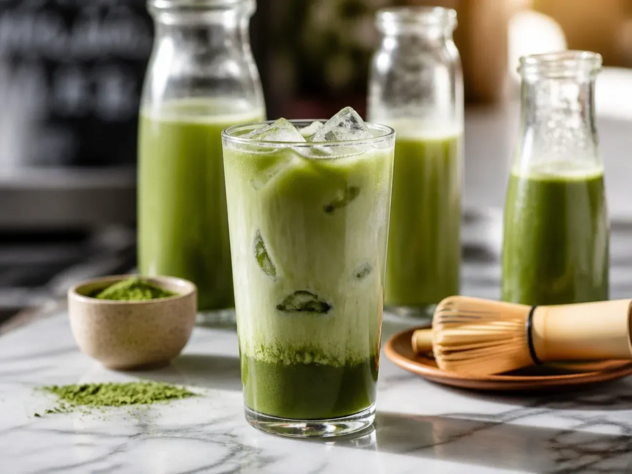 A jar of pre-made matcha concentrate next to milk and syrup bottles ready for batch serving