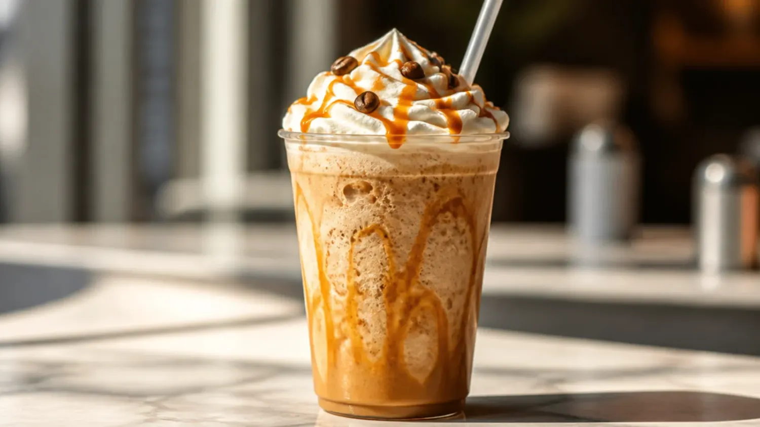 A lineup of colourful copycat 7 Brew non coffee drinks in clear cups with layered fruit syrups, cream floats and ice on a wooden counter