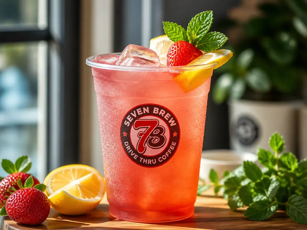 Overhead shot of several fruity copycat 7 Brew drinks in cups with straws, ice and syrup drizzles
