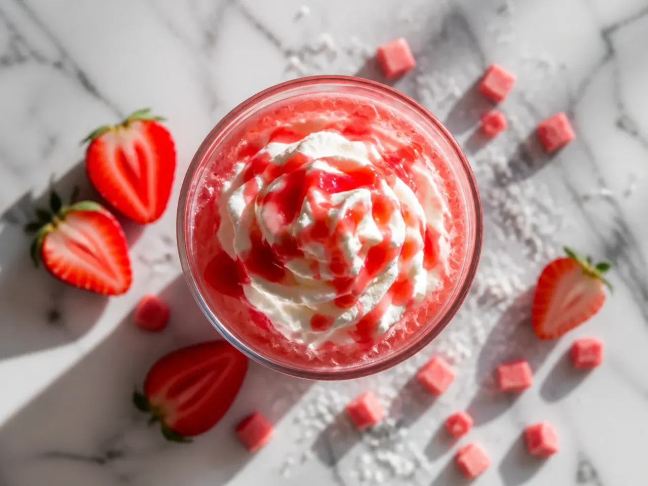 Iced Tiger's Blood energy fizz with strawberry and coconut syrup layers and a cream float in a tall glass