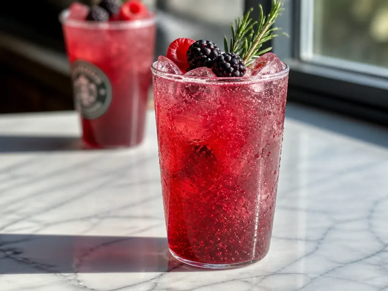 Classic Dragon's Blood energy fizz with watermelon and blue raspberry syrup layers over ice