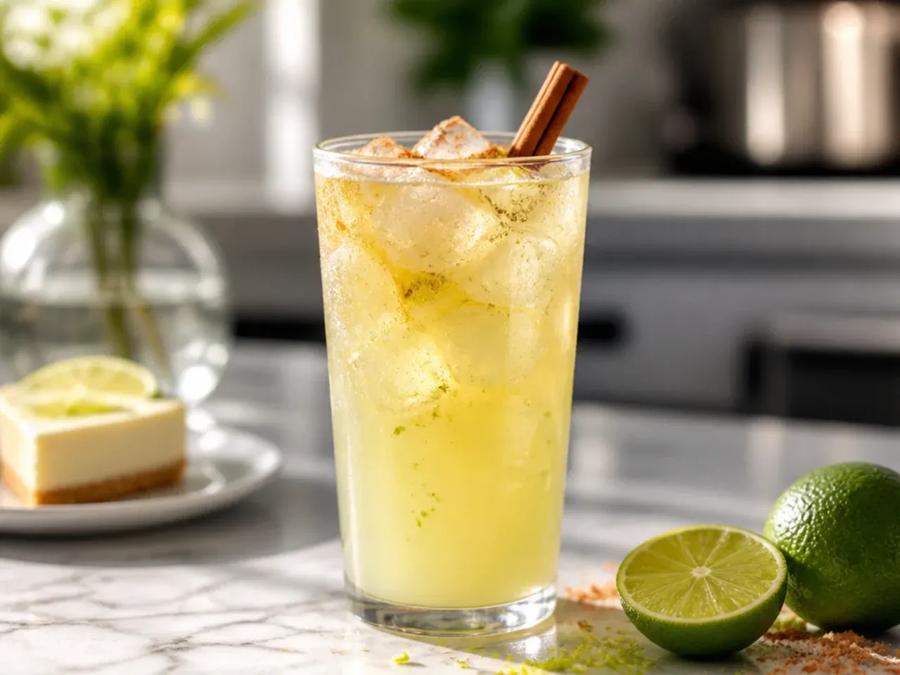 Key Lime Pie lemonade with a creamy pale green tint served over ice with a lime wheel garnish