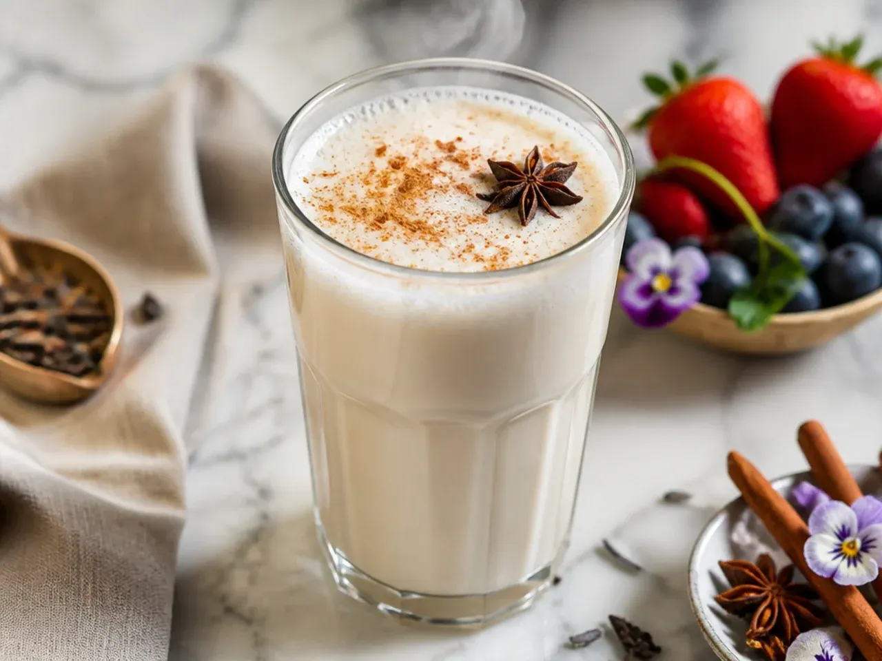 Warm vanilla chai steamer in a white mug with cinnamon dusted foam on top