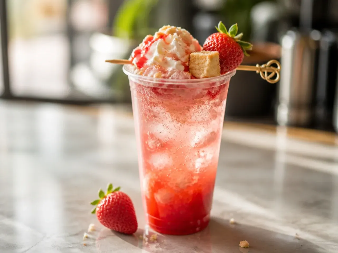 Sweet Strawberry Shortcake fizz topped with whipped cream and shortbread crumbs