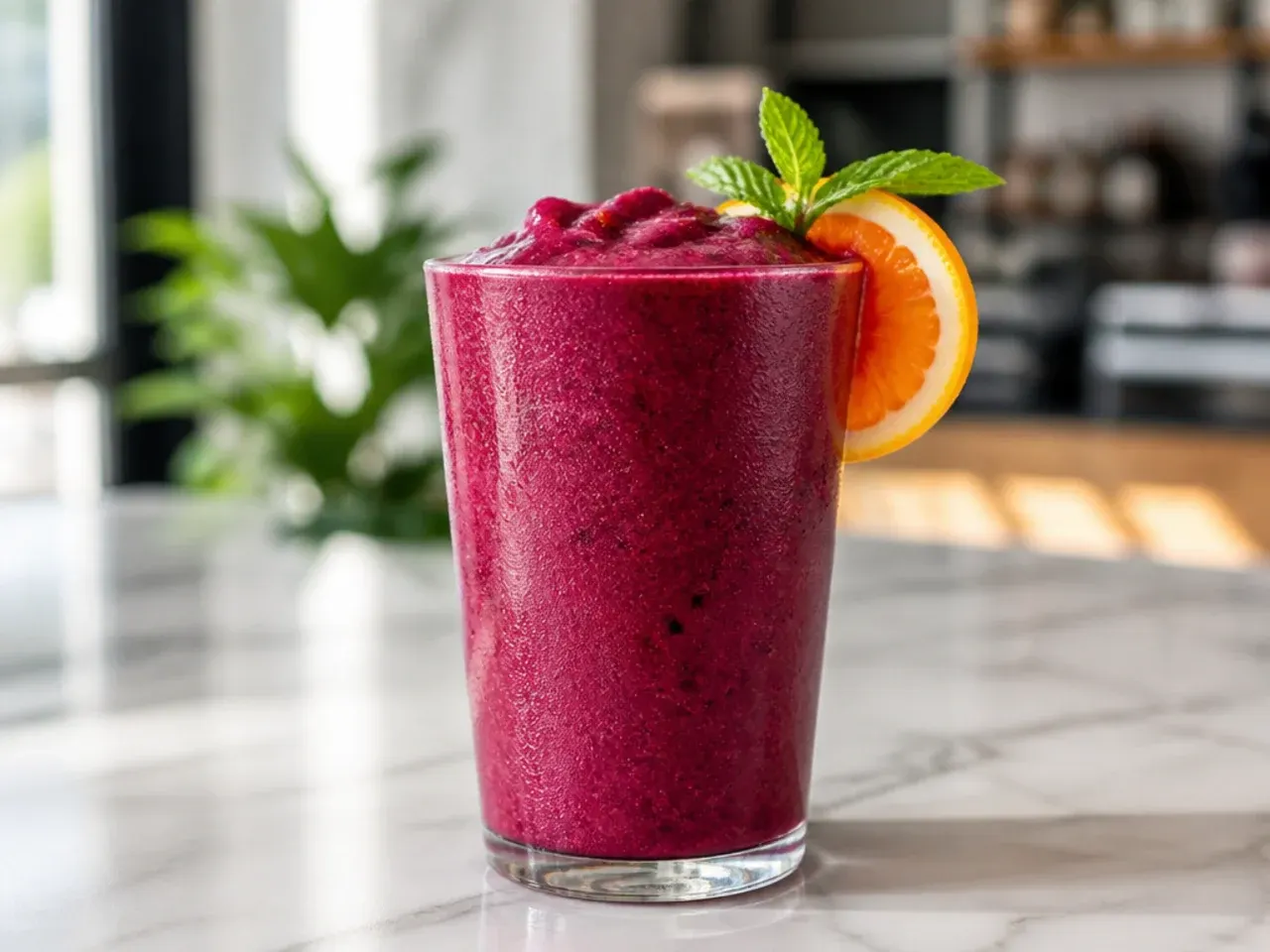 Frozen mixed berry smoothie in a clear cup with a straw and fresh berries on top