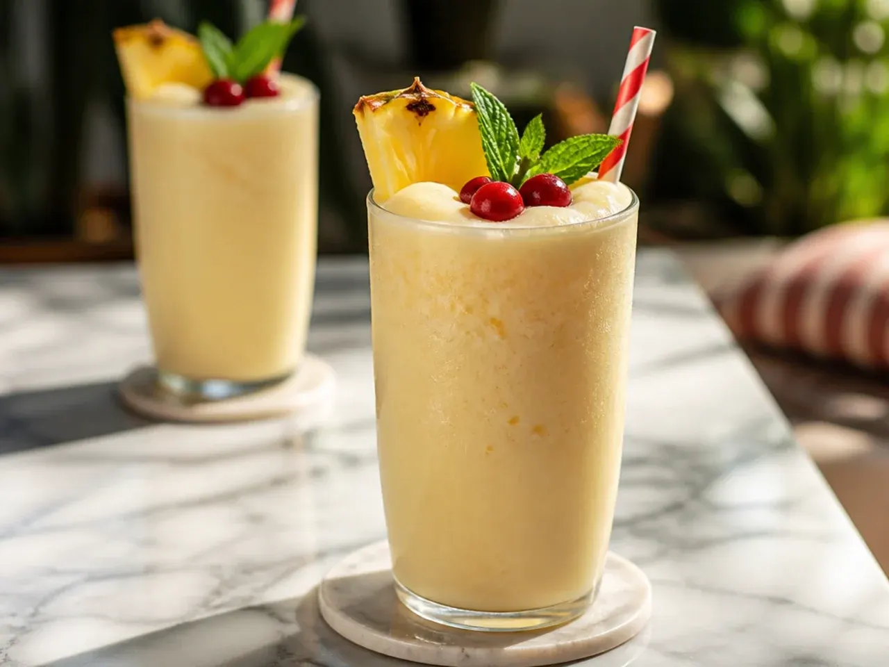 Blended Piña Colada smoothie in a tall glass with a coconut syrup drizzle on top