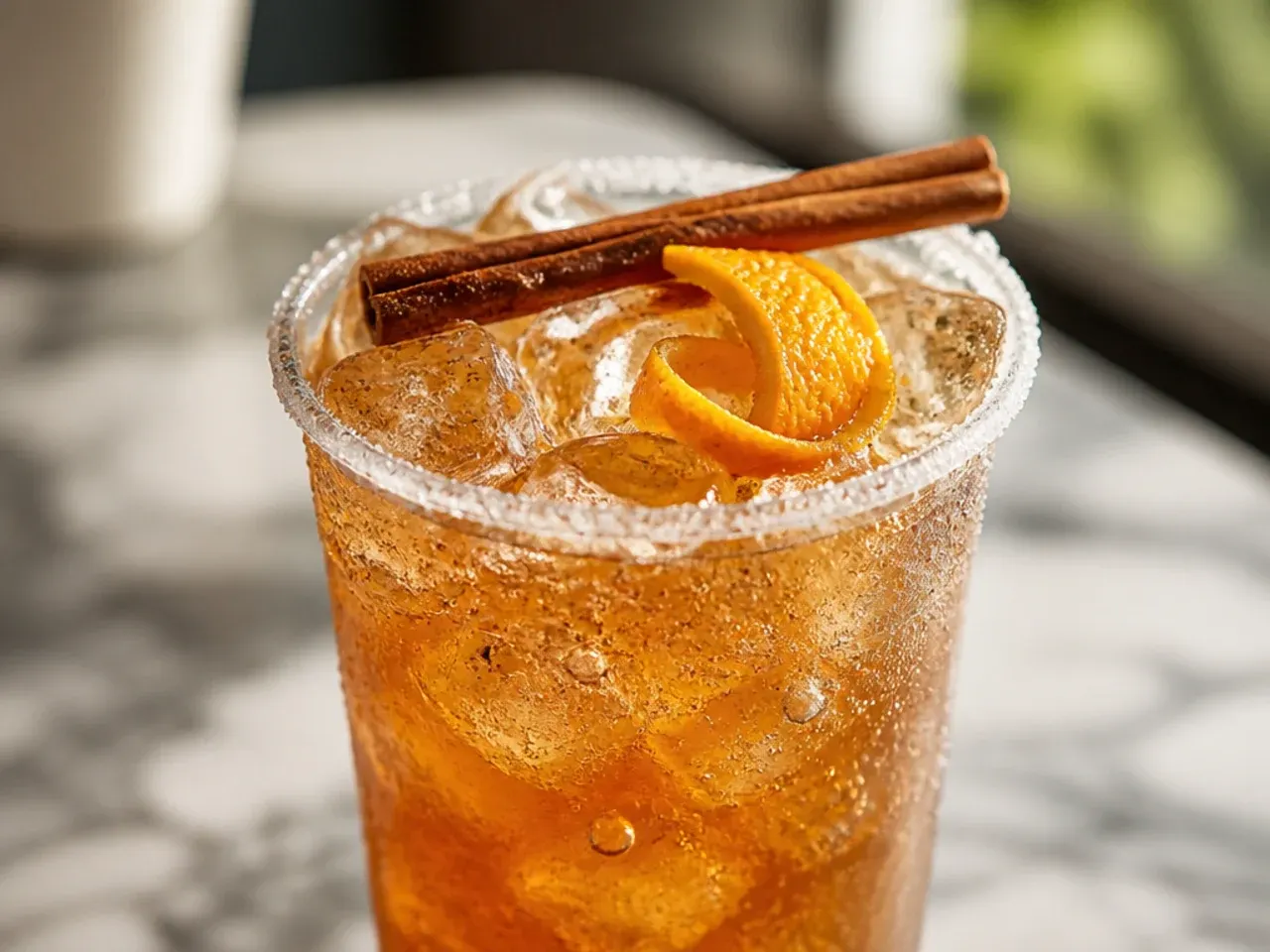 Spiced cinnamon vanilla energy fizz with a cinnamon stick garnish and cream float