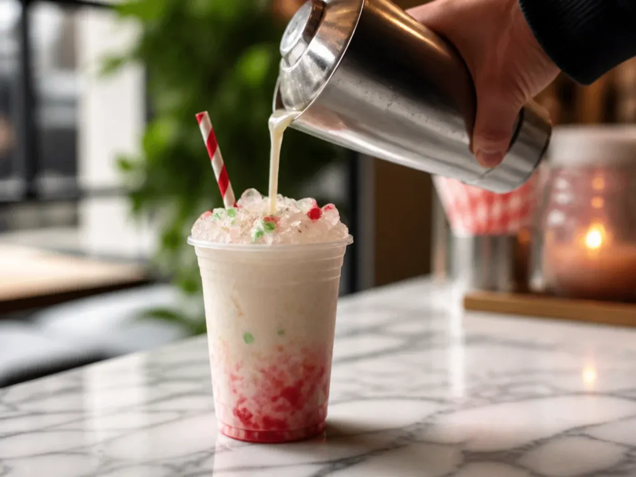 Festive peppermint white chocolate fizz topped with whipped cream and crushed candy cane