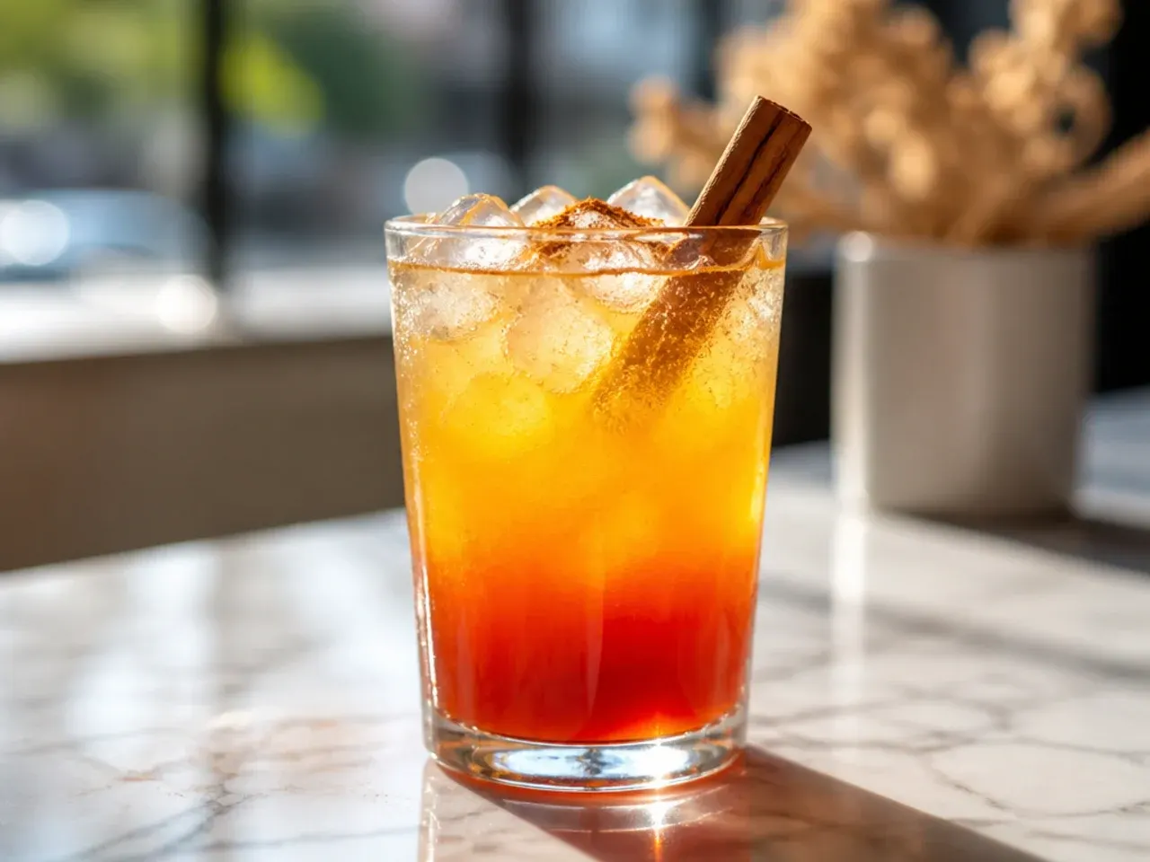 Layered Sunset fizz with red grenadine settled at the bottom of an orange soda drink