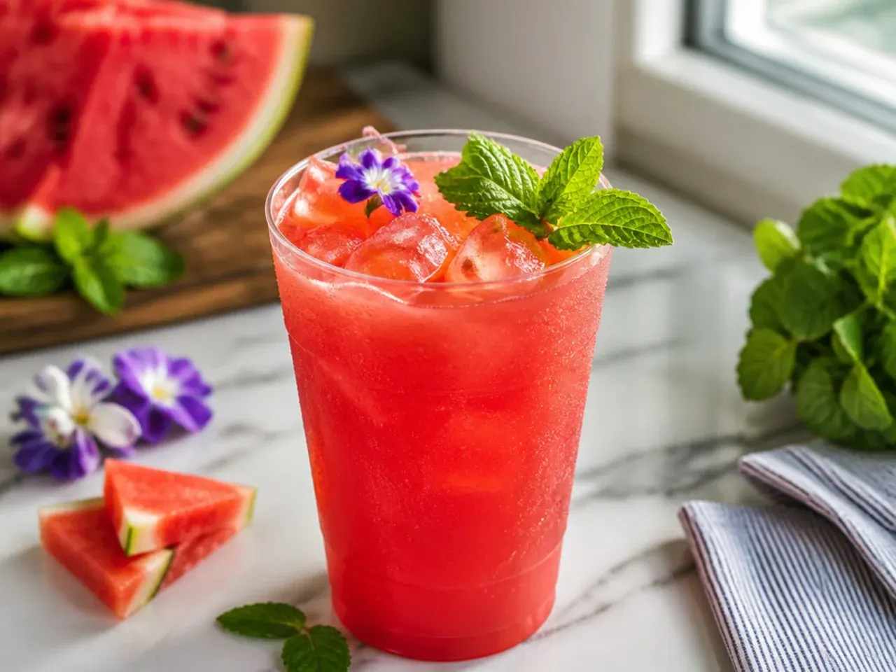 Bold watermelon mint rebel drink with muddled mint leaves and a watermelon wedge garnish