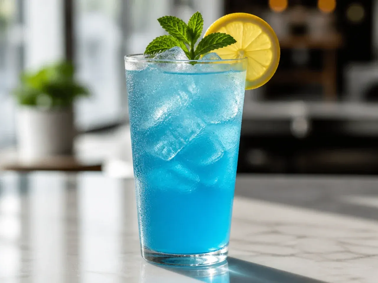 Iced blue raspberry lemonade in bright teal colour served over ice with a striped straw