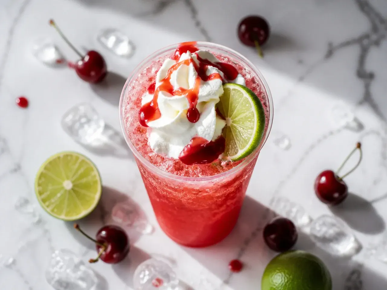 Classic cherry limeade fizz with a cherry and lime wheel garnish over ice