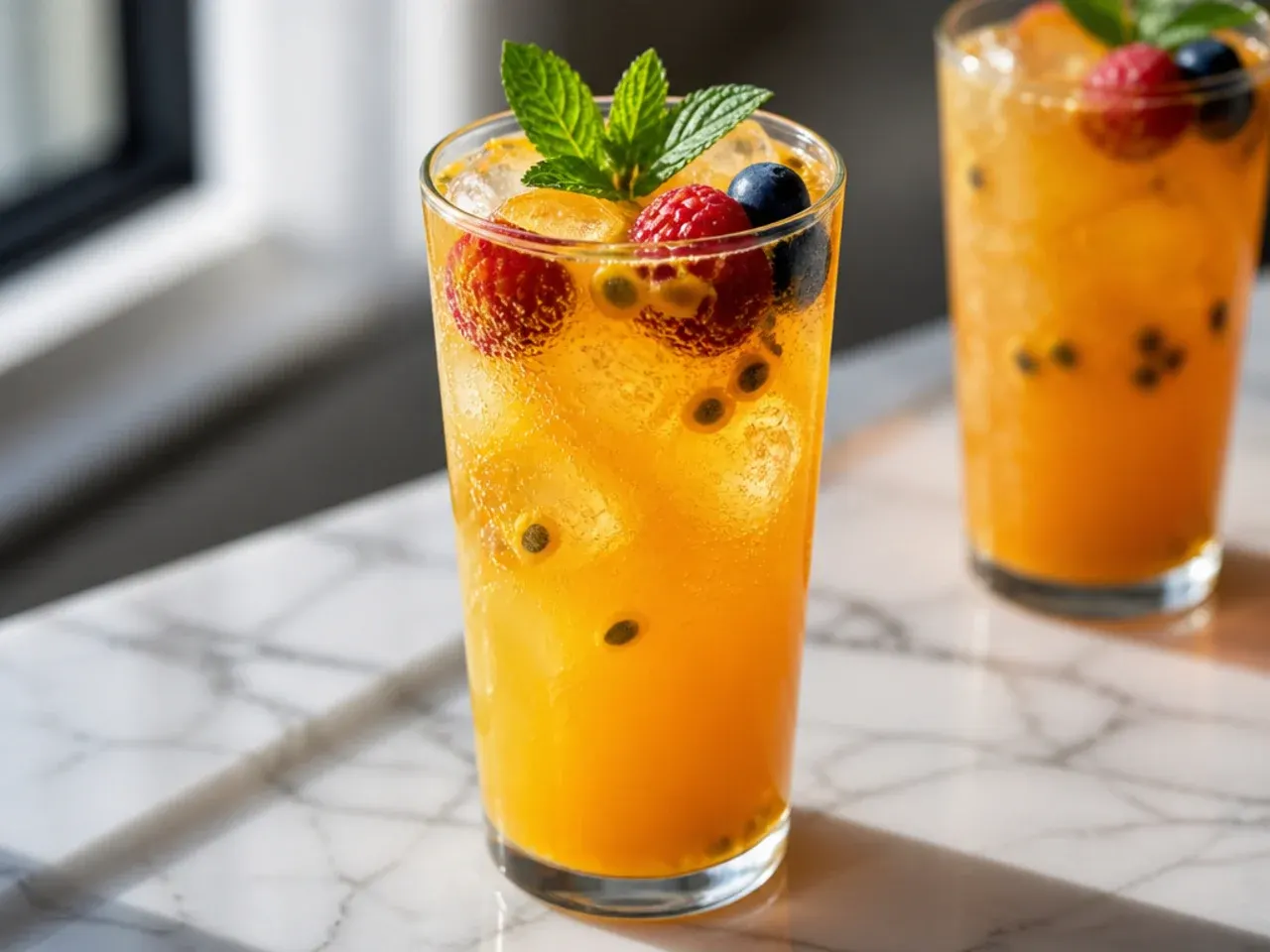 Copycat mango passionfruit energy fizz with fresh mango cubes and bright orange colour