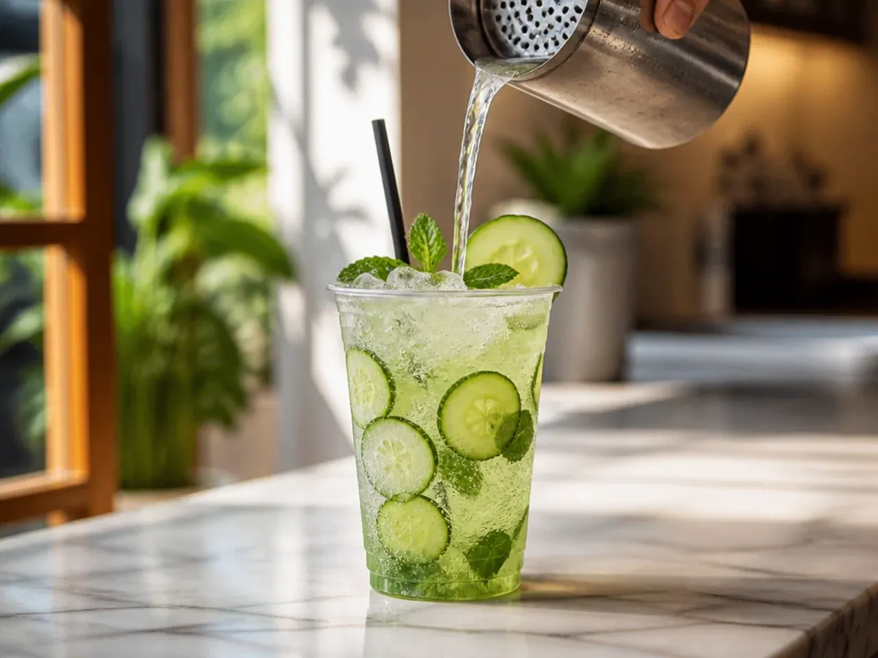 Refreshing cucumber mint fizz with muddled cucumber slices and a cucumber ribbon garnish