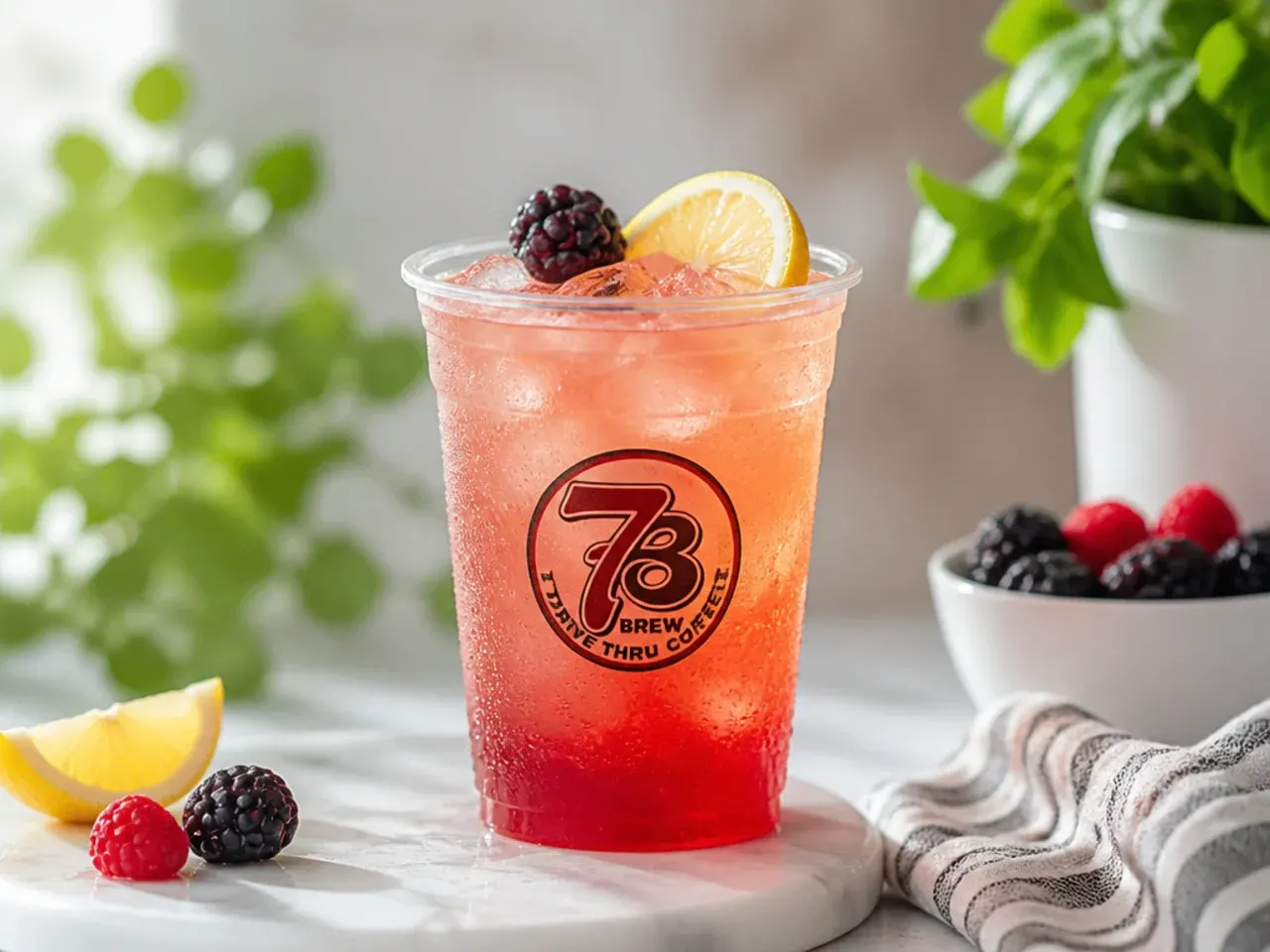 A row of finished copycat 7 Brew drinks garnished with fruit slices and syrup drizzles