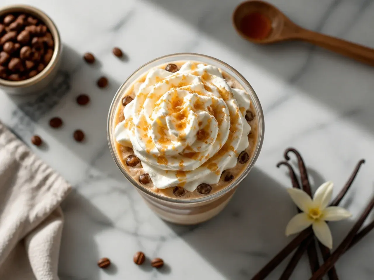 Iced sugar-free vanilla latte in a tall glass with espresso swirled through cold milk over ice