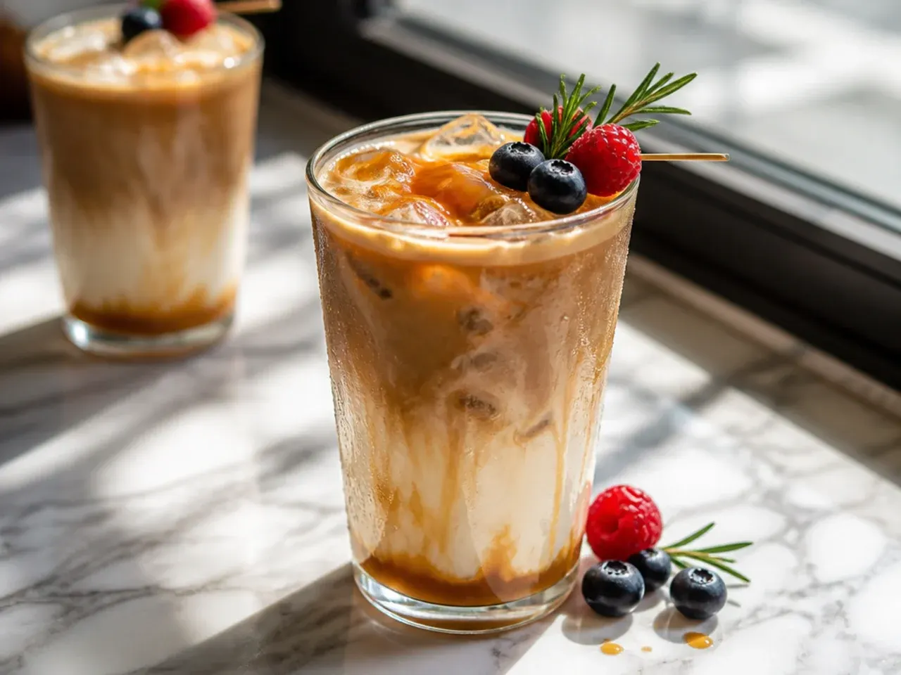 Classic sugar-free caramel latte with caramel drizzle over ice in a glass mug