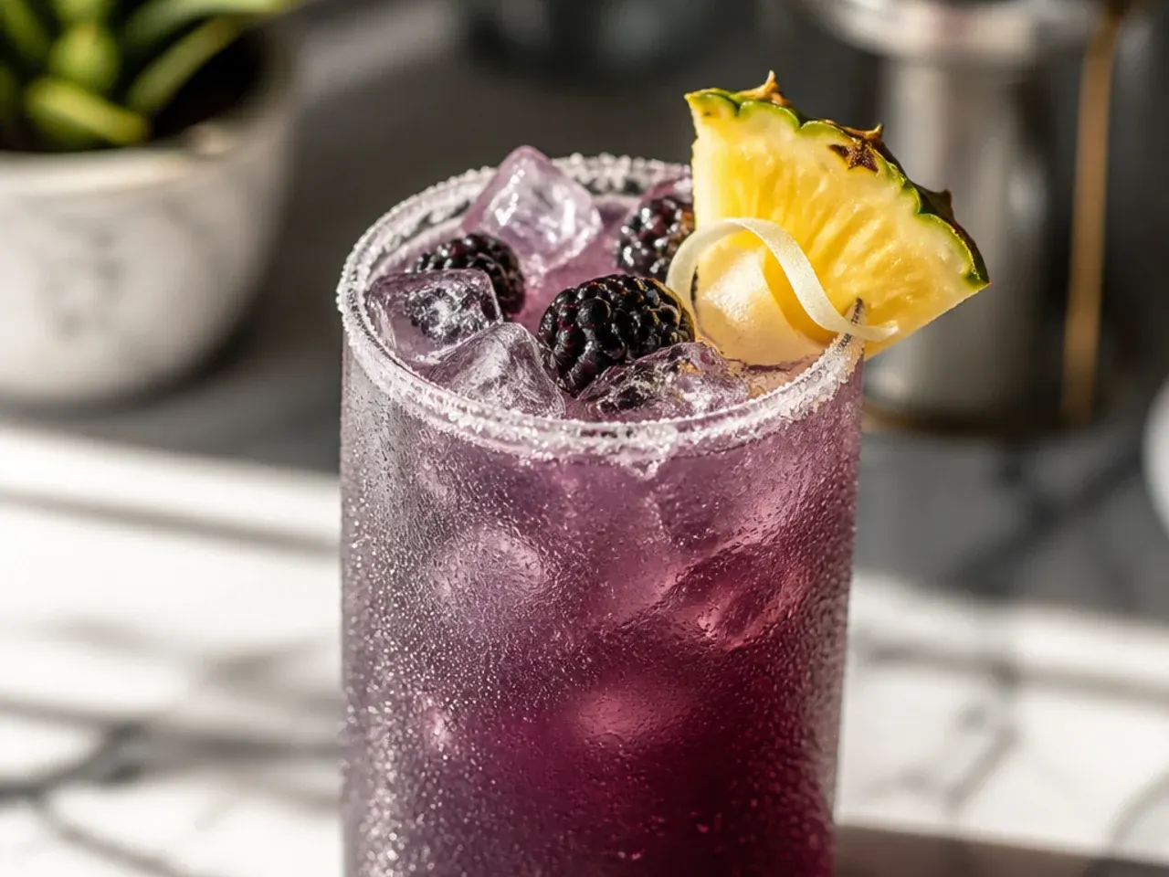 Sugar-free blackberry pineapple coconut energy drink layered over ice in a plastic cup