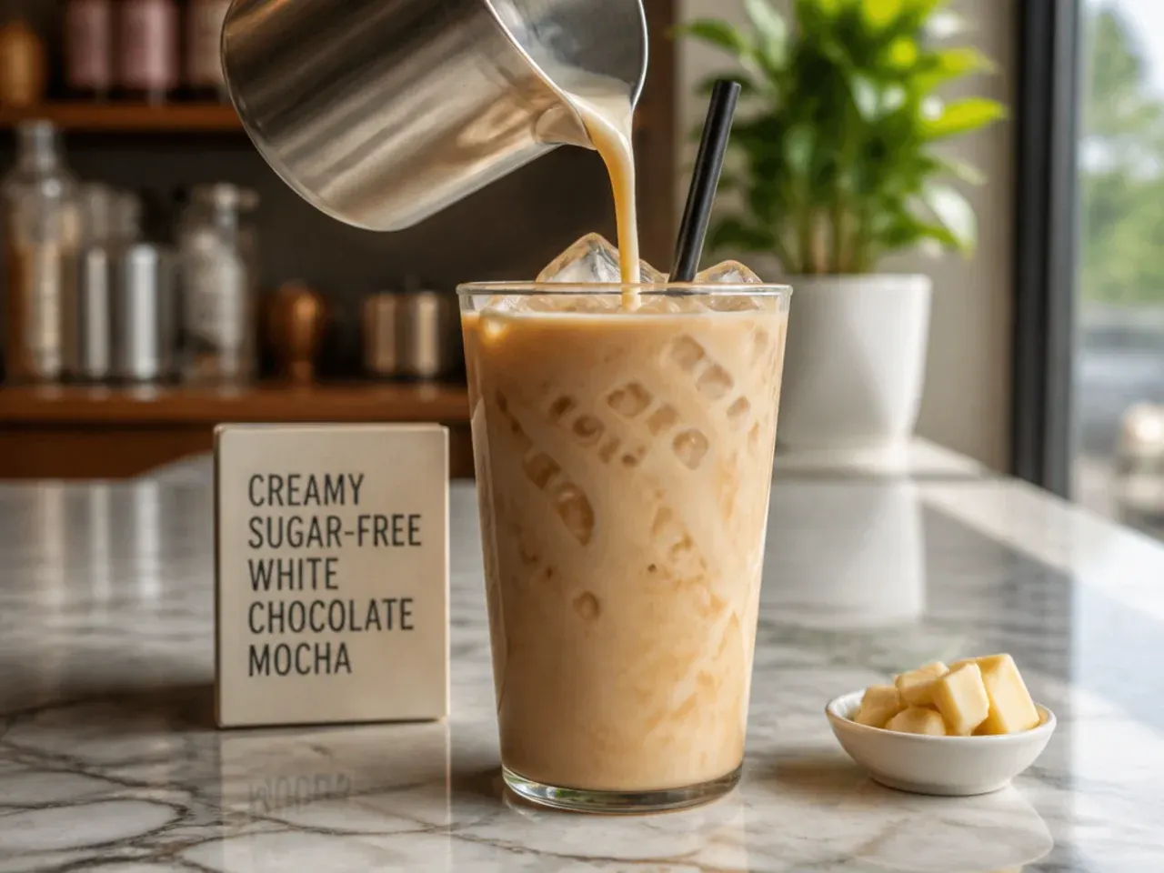 Creamy sugar-free white chocolate mocha with steamed milk foam in a glass mug