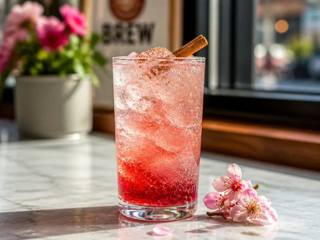 Sparkling sugar-free cherry blossom fizz soda with fresh cherries in a tall glass