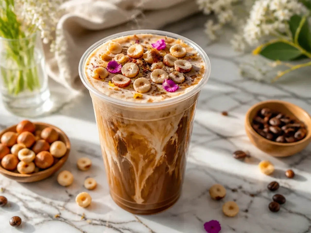 Cozy sugar-free hazelnut cream coffee in a ceramic mug with steam rising