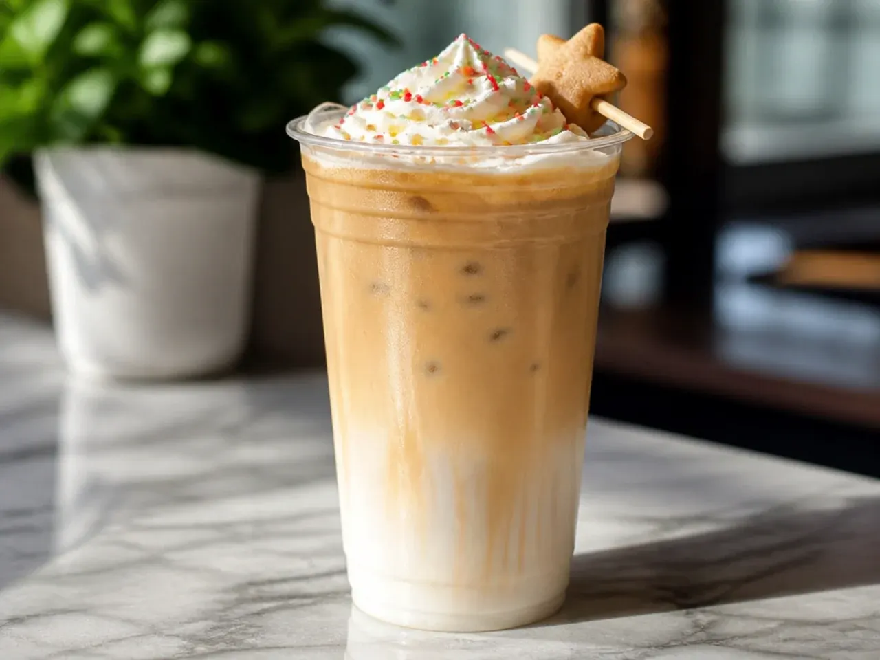 Sweet sugar-free sugar cookie latte topped with cinnamon and foam in a mug