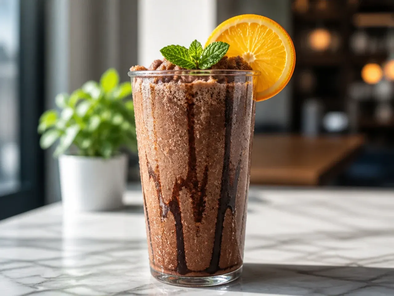 Frozen sugar-free mocha freeze blended drink topped with whipped cream in a plastic cup