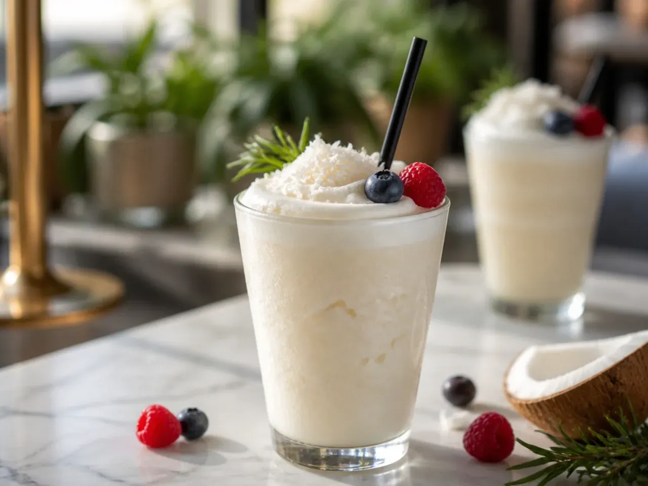 Blended sugar-free coconut frappe topped with toasted coconut flakes in a tall glass