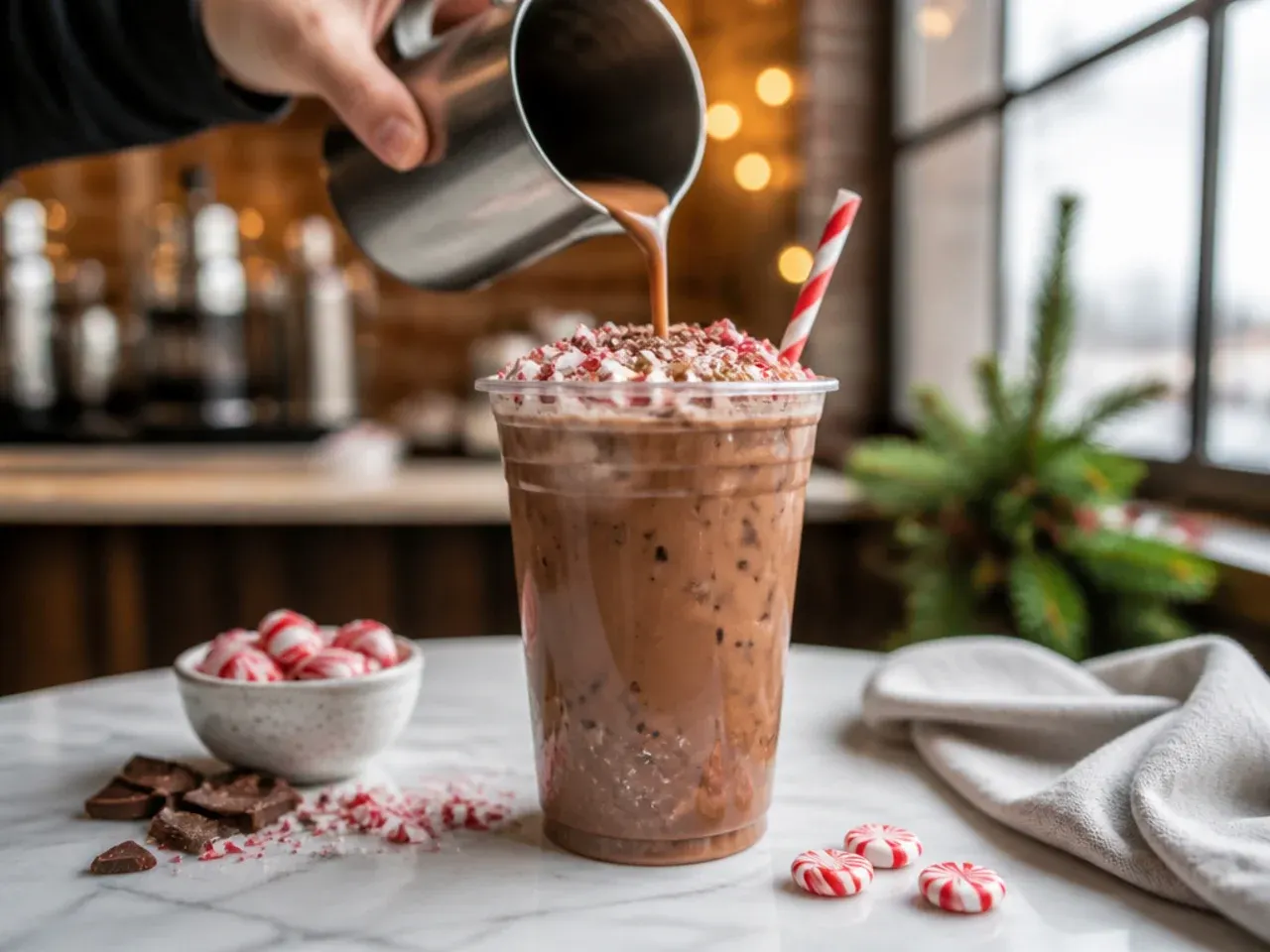 Festive sugar-free peppermint mocha topped with whipped cream and crushed candy cane