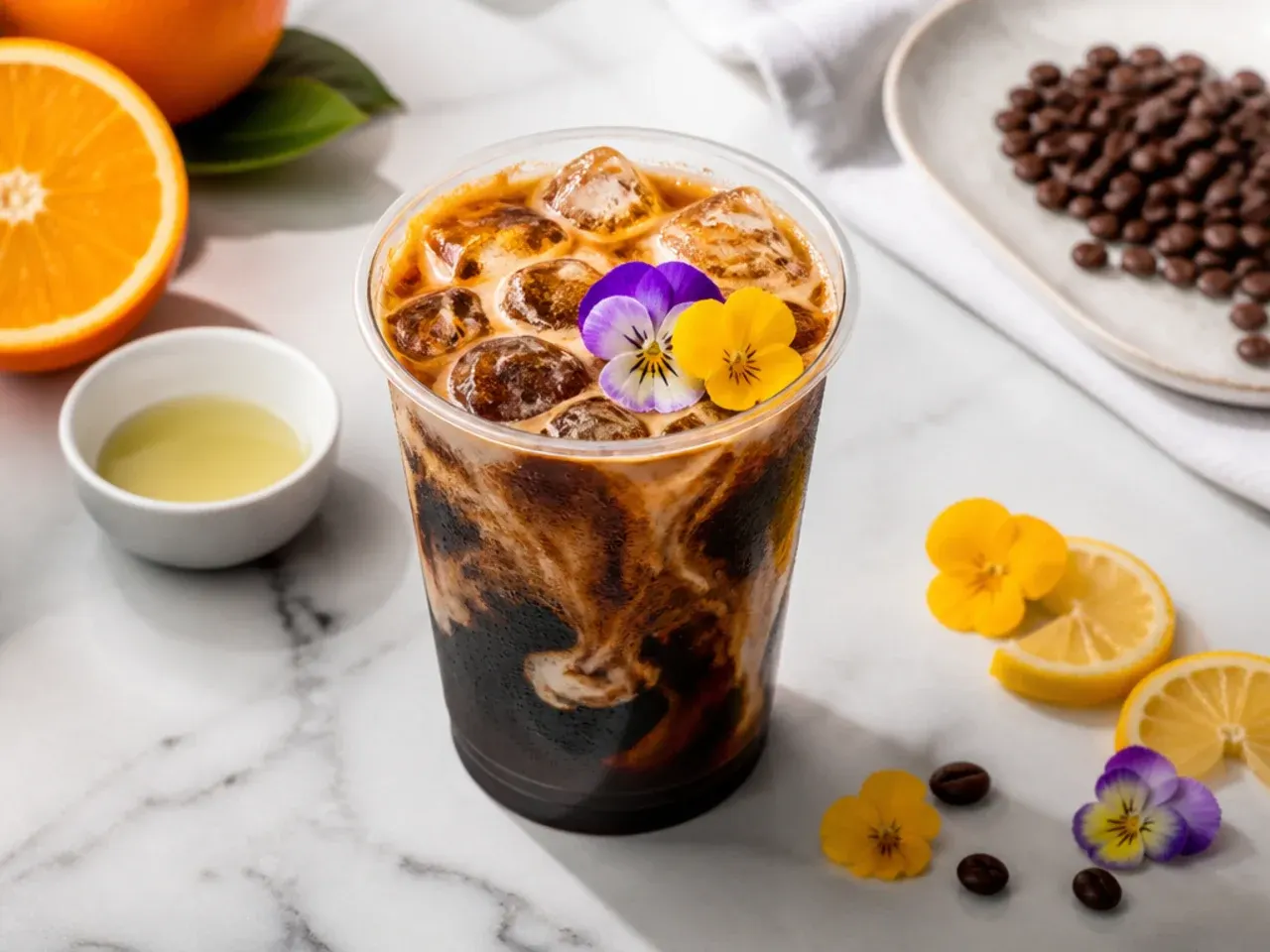 Bold sugar-free double espresso energy drink over ice in a clear plastic cup