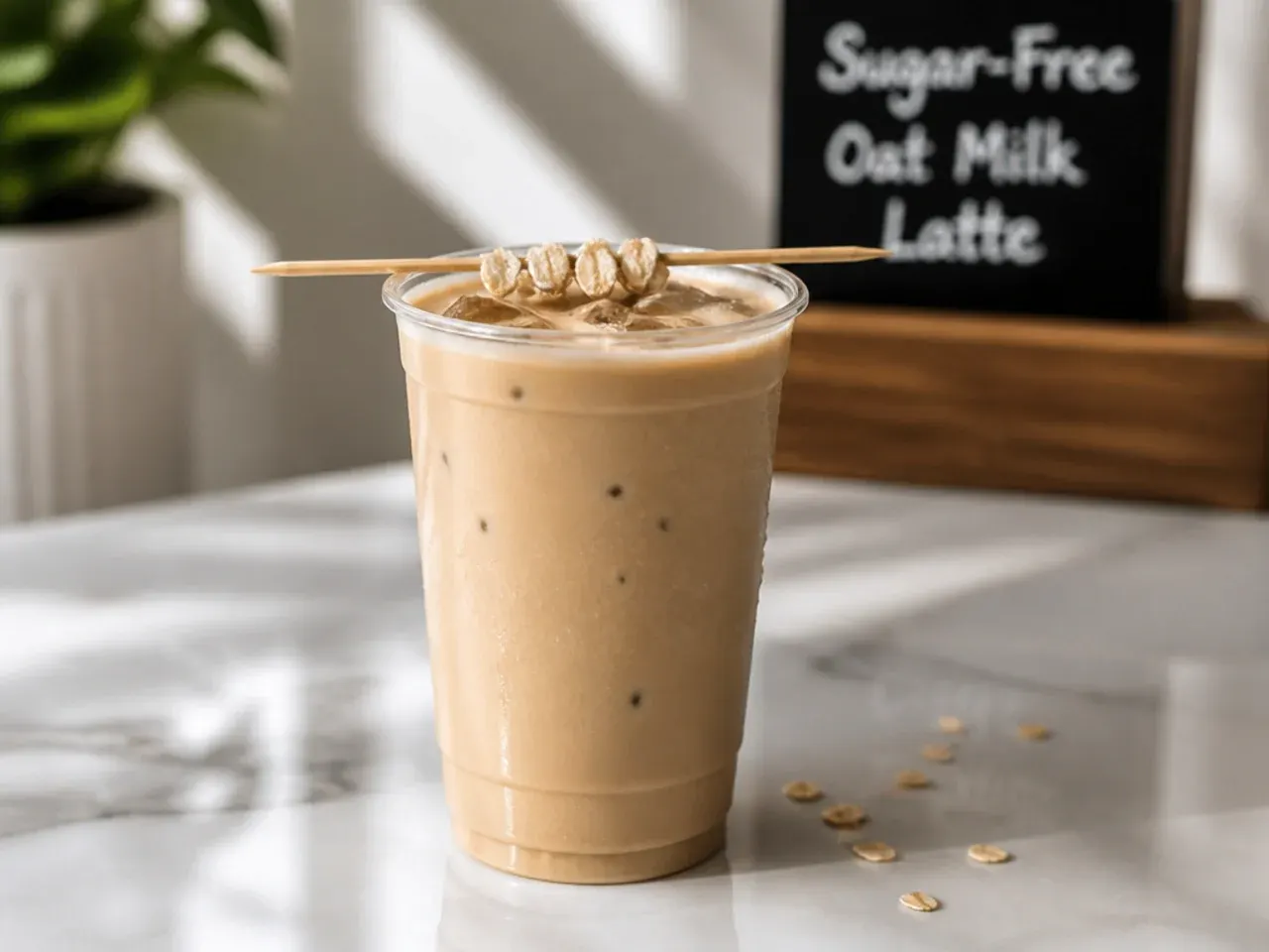Smooth sugar-free oat milk latte with velvety foam in a glass mug