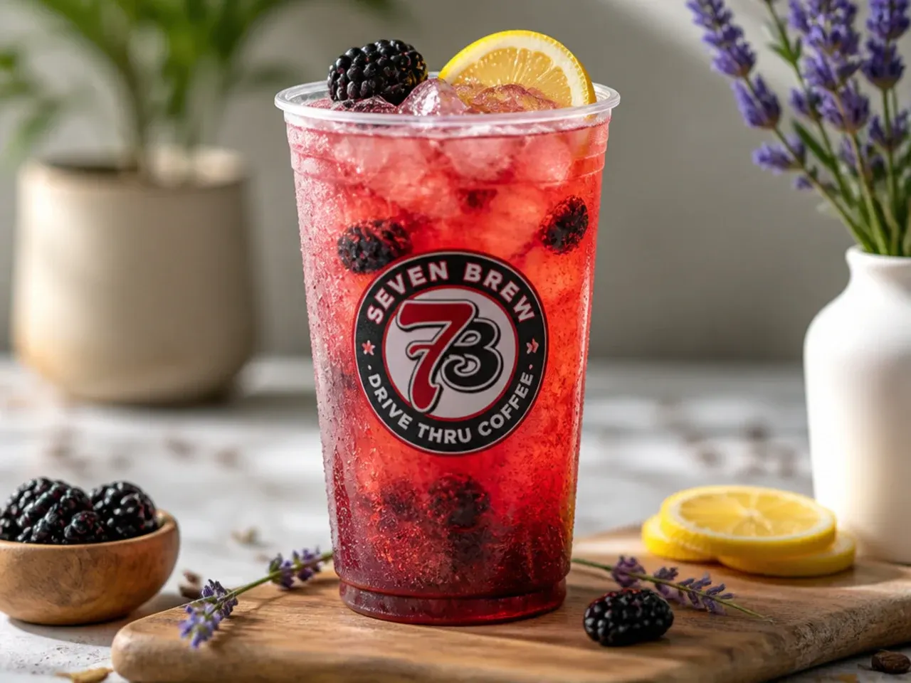Assortment of garnished sugar-free 7 Brew copycat drinks with whipped cream and fruit on a tray