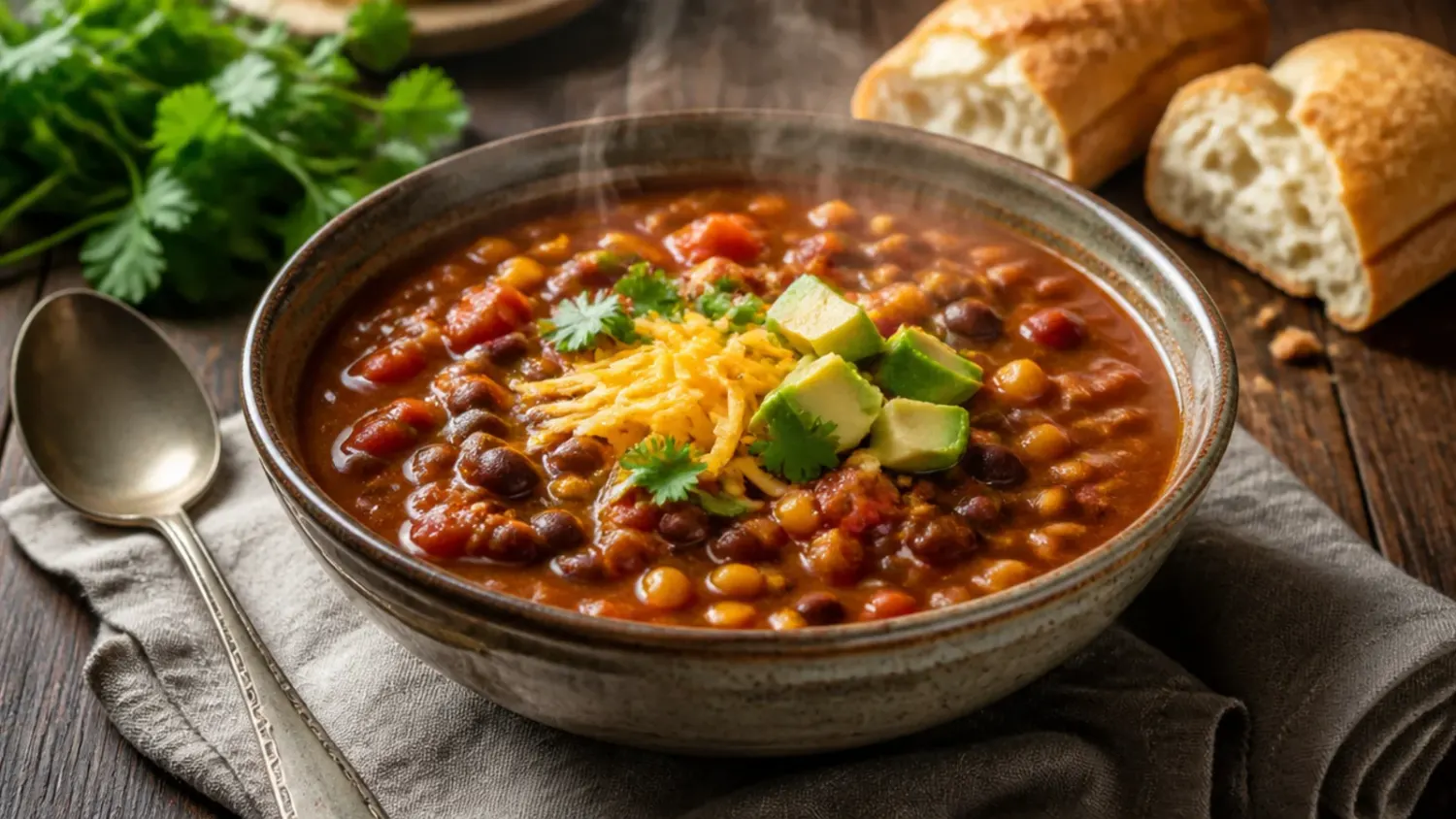 Overhead shot of a pot of 7 can taco soup with ground beef, beans, corn and tomatoes, topped with melted cheddar and coriander