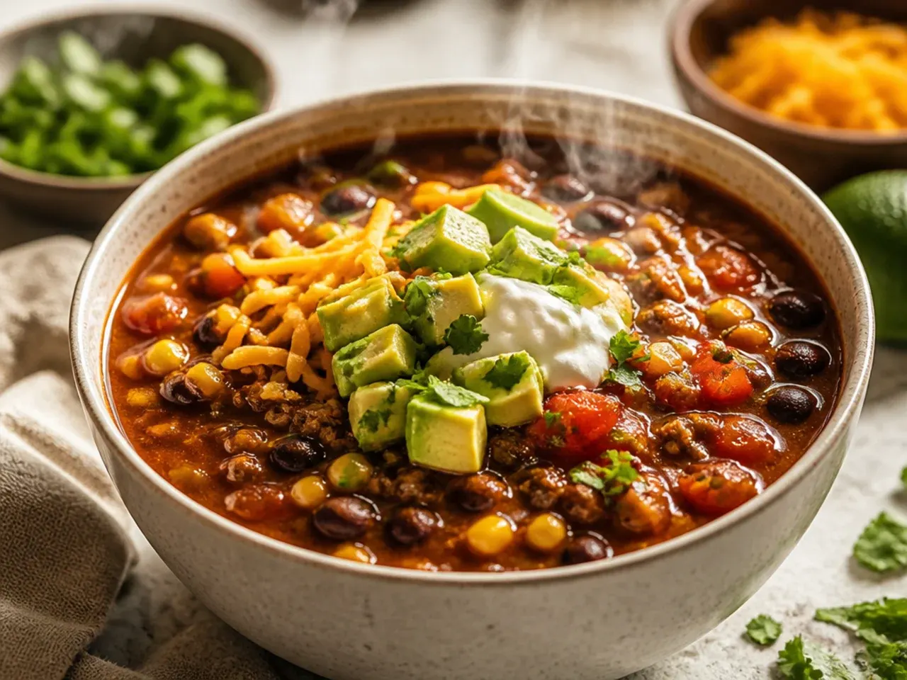 Bowl of 7 can taco soup topped with cheese, sour cream and tortilla strips